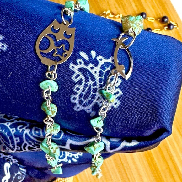 Turquoise white gold charms rosary link adjustable dainty bracelet - Picture 1 of 9